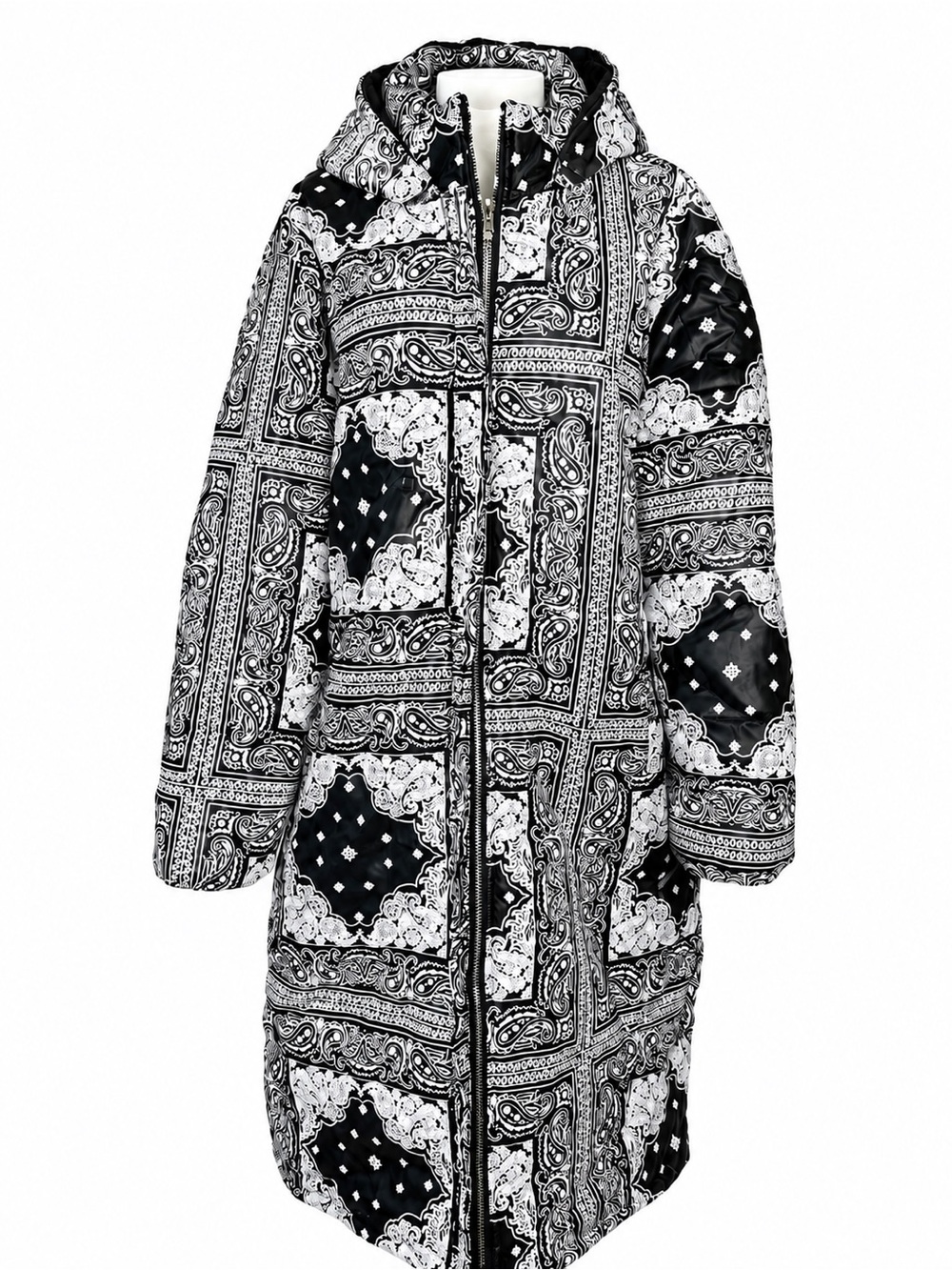 PrettyLittleThing Women’s Black & White Paisley Long Puffer Coat Hooded Size M
